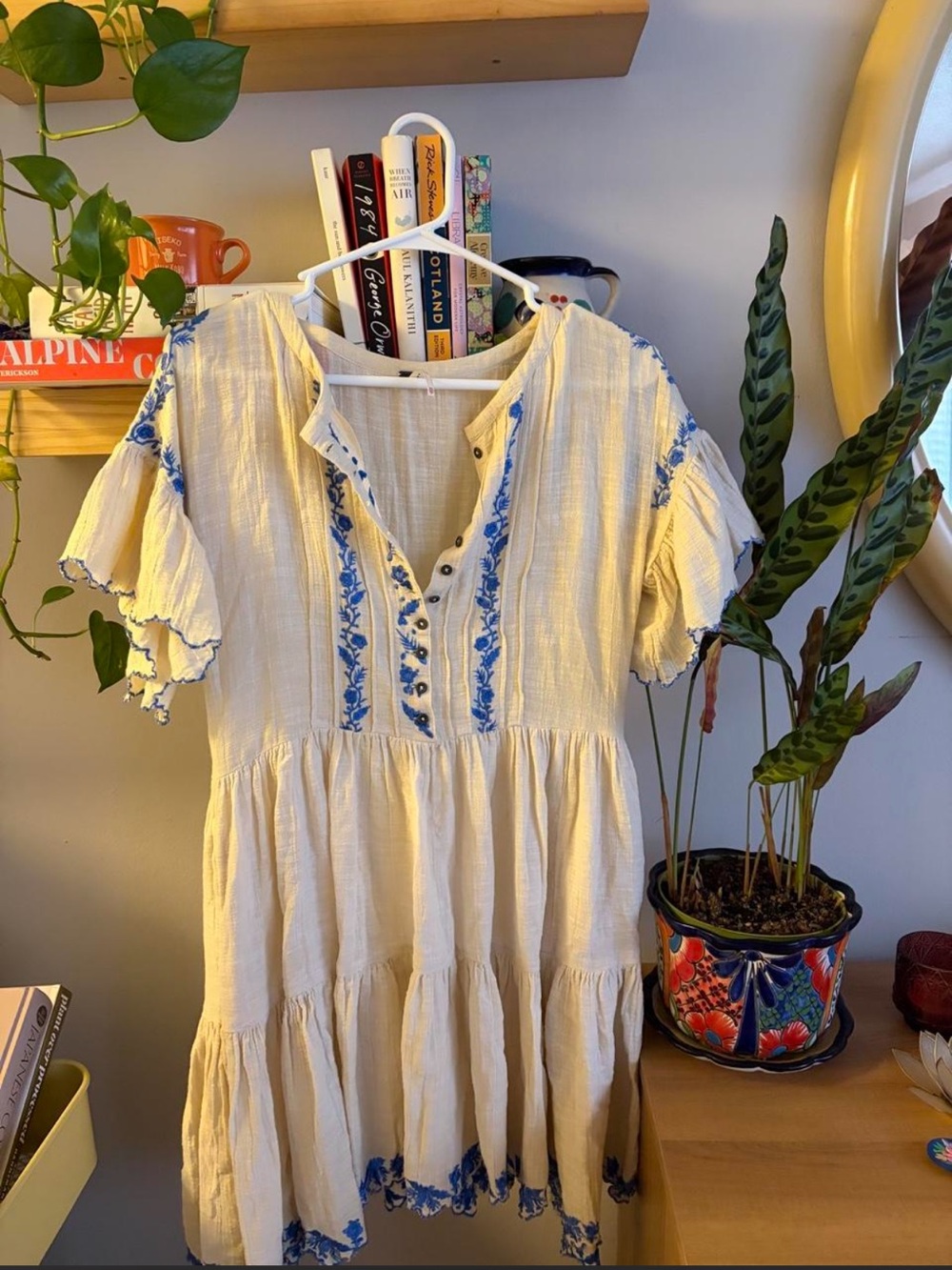 Free People Santiago Boho Mini Dress with Blue Embroidery